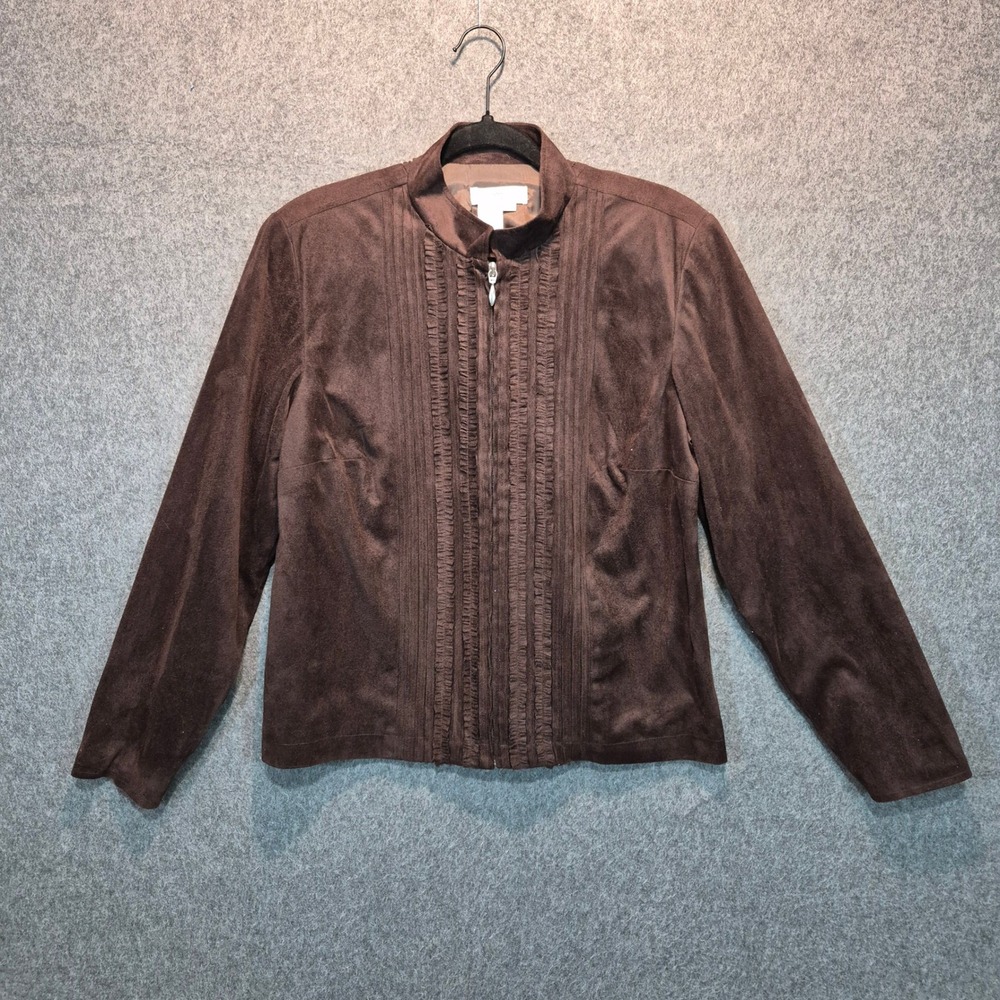 Coldwater Creek M Lined Jacket Faux Suede Zip Up Pleated Ruffle chic classic VTG